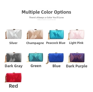 Detailed grid view showing nine colors of satin evening clutch bags with tassel charms