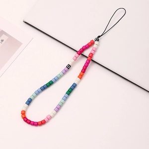 Rainbow colorful beaded phone strap with cylindrical beads and wrist lanyard