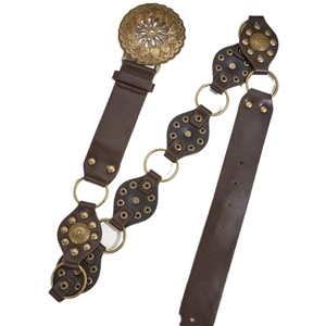 Vintage western brown leather concho belt with brass rings and studded metal detailing