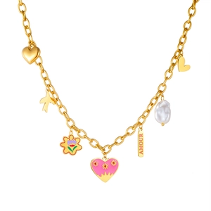Golden stainless steel chain necklace with baroque pearl, flower and airplane charms