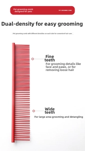 Detail of red metal pet grooming comb with dual-density fine and wide teeth