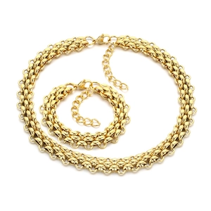Golden woven triple-row chain set including necklace and bracelet with lobster clasp