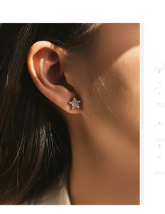 Close-up of s925 silver snowflake stud earrings with sparkling D-color moissanite stones