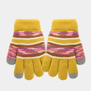 Detail of ginger yellow knitted gloves with colorful stripes and touchscreen fingertips