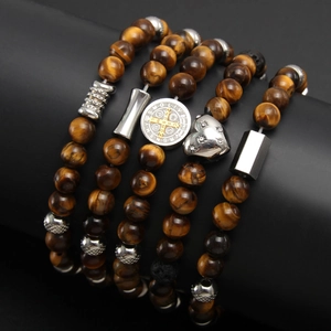 Tiger Eye Natural Stone Beaded Bracelet Stainless Steel Religious Medal Heart Pendant Vintage Stretch Jewelry Unisex