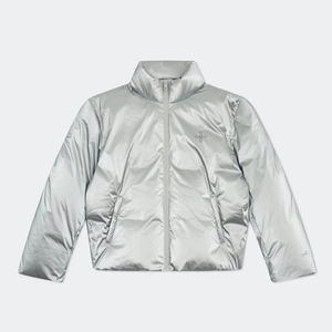 Silver metallic high-neck down jacket with cross logo, lay-flat puffer jacket view