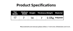 Size chart for polyester crossbody bag showing dimensions 17x14x7cm and 0.07kg weight