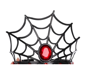 Macro view of Halloween spider web crown with a large red gemstone and black matte finish