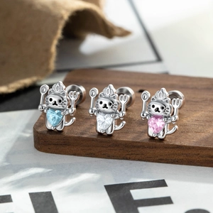 Cute Chef Cat Cartilage Stud Earring Copper With Heart Zircon Holding Fork Spoon Screw Back Kawaii Jewelry For Women