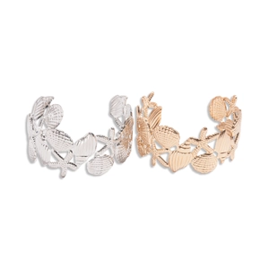 Minimalist ocean theme open bangles with seashell and starfish embossed metal textures