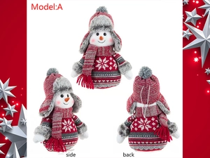 Detailed front, side, and back views of a knitted Christmas snowman plush doll decoration