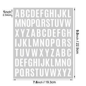 Detailed size chart of 1-inch alphabet stickers showing overall 19.3cm x 22.9cm dimensions