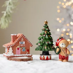 Resin Miniature Christmas Ornaments Tabletop Decor Gingerbread House Tree Glowing Festive Home Office Cute Animal Figure