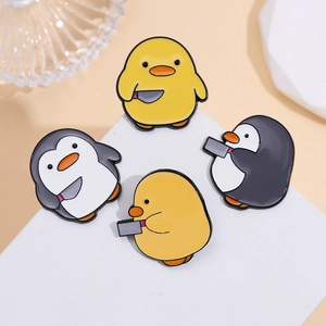 Cartoon penguin and duck enamel pins with knives, creative brooch set for backpacks