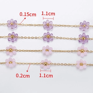 Handmade stainless steel jewelry chain with purple flower beads and amethyst accents