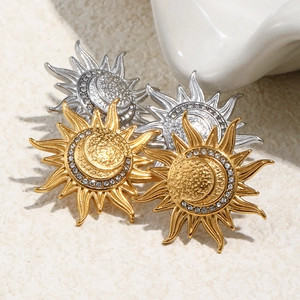 Minimalist 18K gold plated stainless steel sun and moon stud earrings with zircon