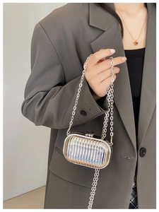 Silver metallic mini hardshell crossbody bag with elegant chain strap on a blazer