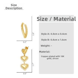 Detailed dimension guide for heart earrings showing height and width in inches and cm