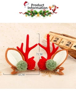 Détail de pinces à cheveux bois de renne de Noël avec pompons rouges et verts, 7x8 cm