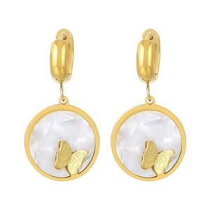 Golden round drop earrings with butterfly relief and white shell texture inlay