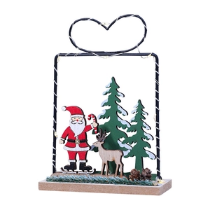 Christmas wooden desktop night light with reindeer and Santa in a heart metal frame