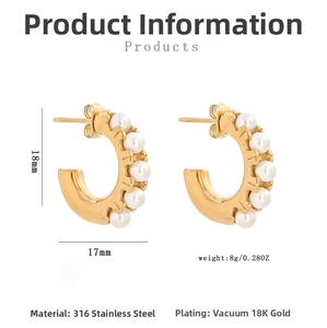 Detail of 18K gold-plated 316L stainless steel C-shape earrings with inlaid pearls