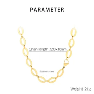 Polished gold stainless steel oval link chain necklace measuring 500mm by 10mm