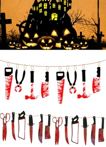 Detail of bloody Halloween tool banner with fake saws and cleavers for haunted house decor