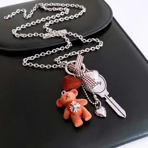 Vintage Long Chain Sweater Necklace Titanium Steel Copper Flocking Bear Heart Key Bowknot For Women Cool Aesthetic Jewelry
