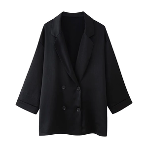 Schwarzer Damen-Zweireiher Blazer mit strukturierter Textur und modischen Dreiviertelärmeln