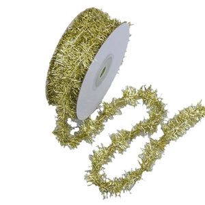 Festive gold Christmas tinsel garland roll with shiny metallic wire fringe for decoration