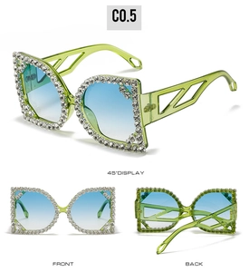 Multiple views showing green rhinestone sunglasses with blue gradient lenses