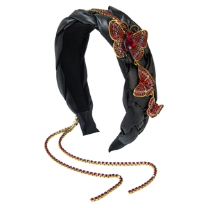 Handgefertigter Leder-Haarreif mit roten Kristall-Schmetterlingen und Goldquasten