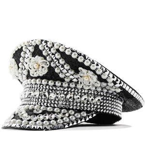 Captain Hat Military Style Sequin With Faux Artificial Pearl Rhinestone Lace Performance Party Stage Headwear For Women