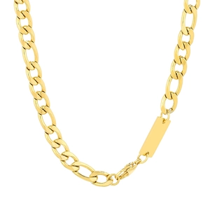Hip-hop gold Figaro chain necklace with a blank rectangular tag for men and women