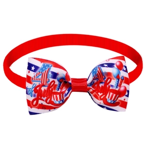 Detail of Independence Day dog bowtie with American flag patterns and July 4th text