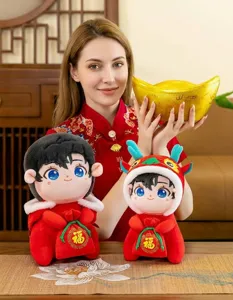 Detailed view of traditional Chinese New Year dragon year mascot plush dolls in red