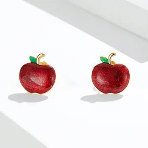 S925 sterling silver red apple stud earrings with glitter finish and green leaves