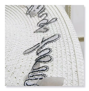 Detailed close-up of straw hat texture with Do Not Disturb black embroidery
