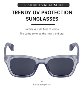 Macro detail of trendy grey square polarized sunglasses featuring UV protection design