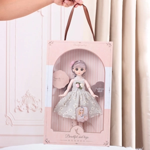 Fashion doll with purple hair in grey floral dress inside pink gift box set for girls