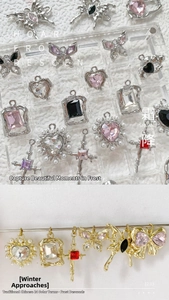 Detailed close-up of alloy jewelry pendants with rhinestones and pearls in gold and silver