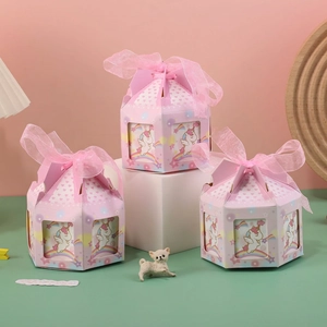 Octagonal carousel candy box with pink unicorn pattern and decorative tulle bow