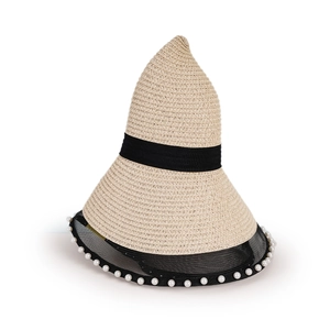 Detail of beige straw wizard hat with black mesh veil and white pearl edge trim