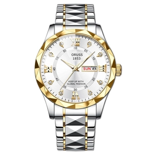 Detail of ORUSS 1853 watch featuring two-tone steel band and dual day-date window display