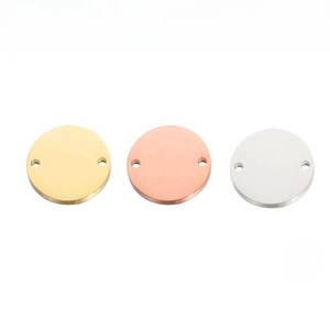 Polished stainless steel round discs with dual holes in gold, silver, and rose gold finishes