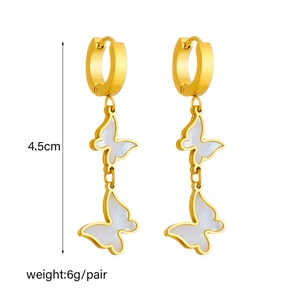 Gold-plated butterfly earrings with white shell inlay, 4.5cm length and 6g pair weight