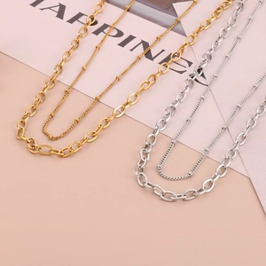 Double-layer oval pendant necklaces in 18K gold and silver finish titanium steel