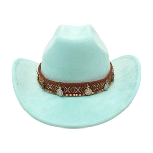 Detail of mint green western cowboy hat featuring ethnic braided band and silver coins