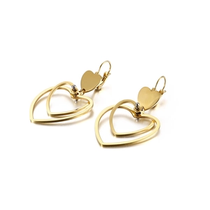 Elegant gold-tone double heart drop earrings with small silver bead accents on white background